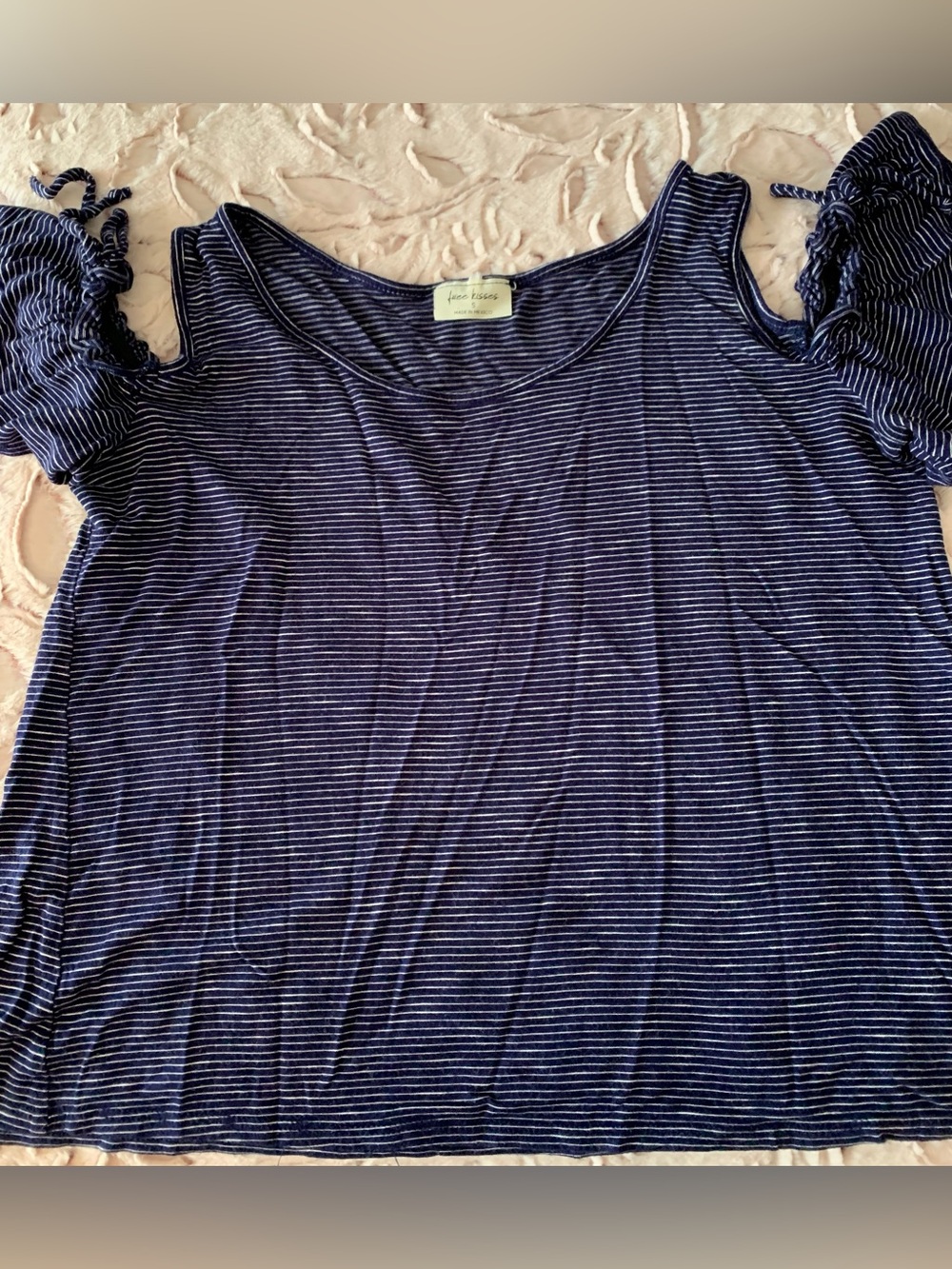 Free Kisses Navy Blue Striped Cold Shoulder Small Knit Blouse Top Soft